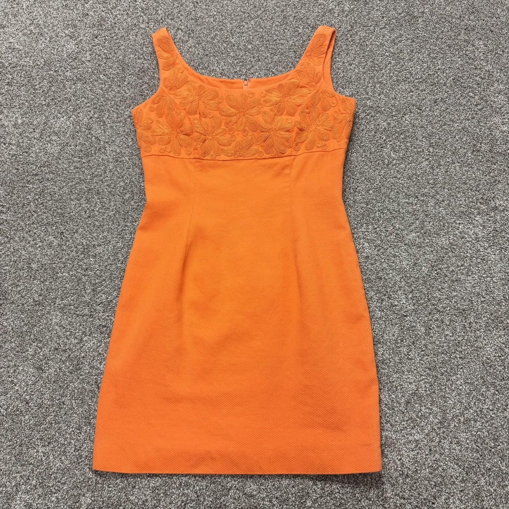 Vintage Carmen Marc Dress Womens 8 Orange Sleeveless Floral Embroidered Sheath